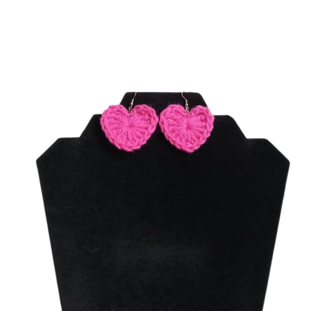 Bright Pink Heart Shaped Lightweight Crochet Dangle Style Handmade Earrings